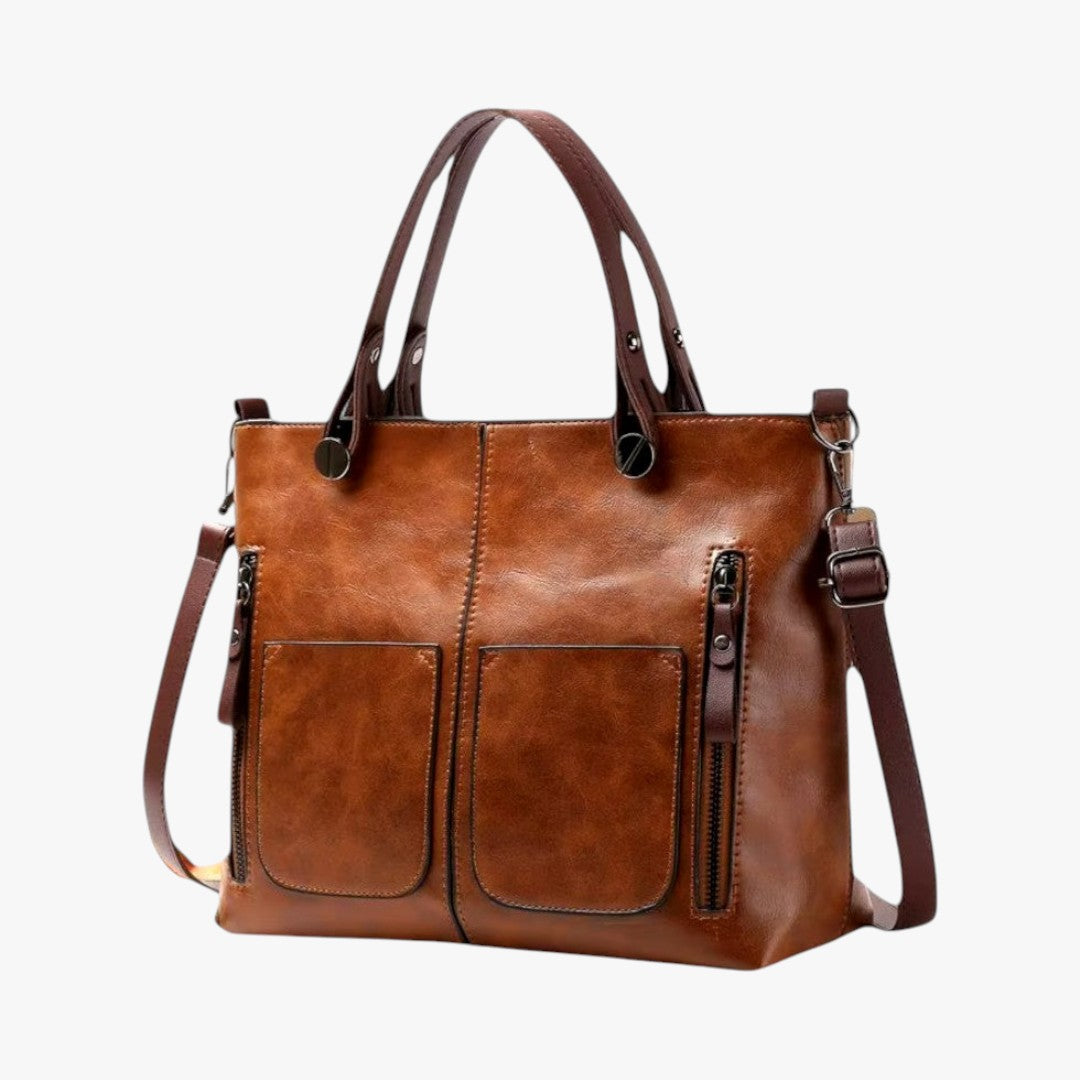 Leather handbag with multiple compartments, vintage style shoulder bag for women