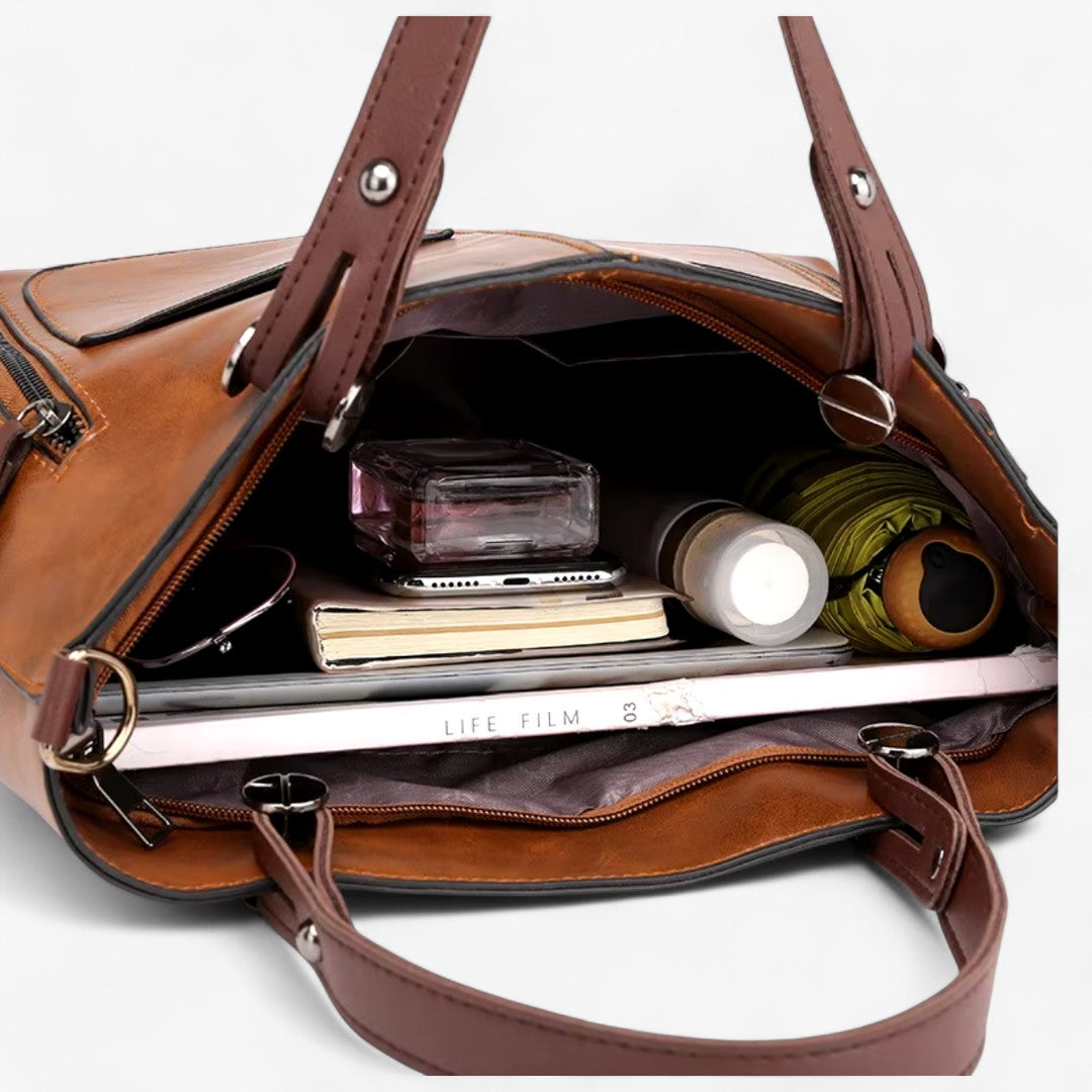 Leather handbag with multiple compartments, vintage style shoulder bag for women