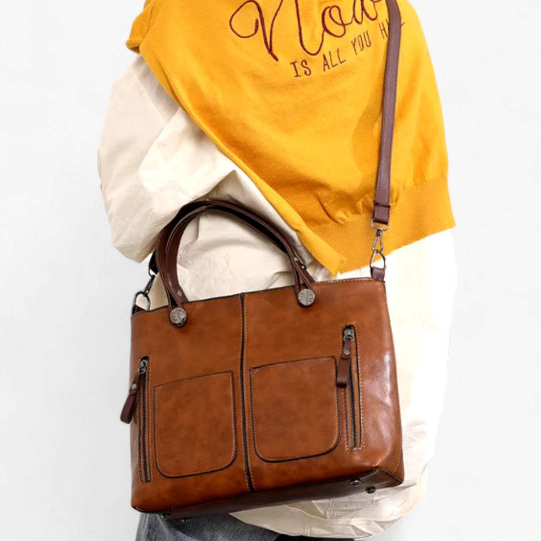 Leather handbag with multiple compartments, vintage style shoulder bag for women