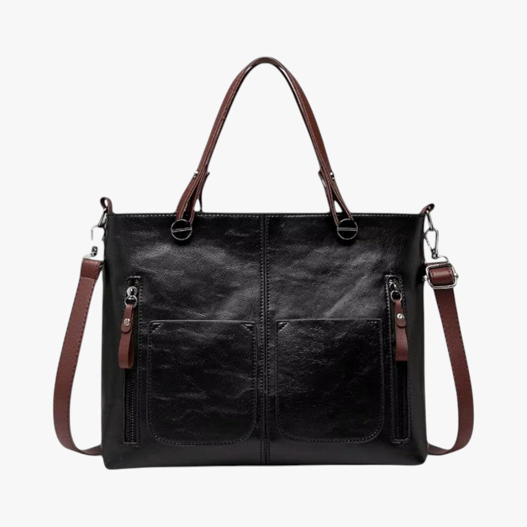Leather handbag with multiple compartments, vintage style shoulder bag for women