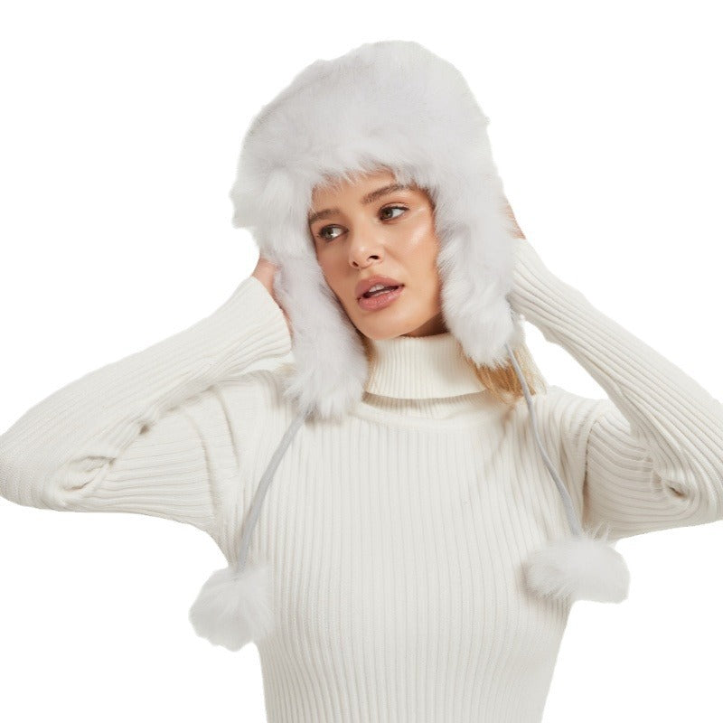 Women's fluffy winter hat with animal ears and voluminous design