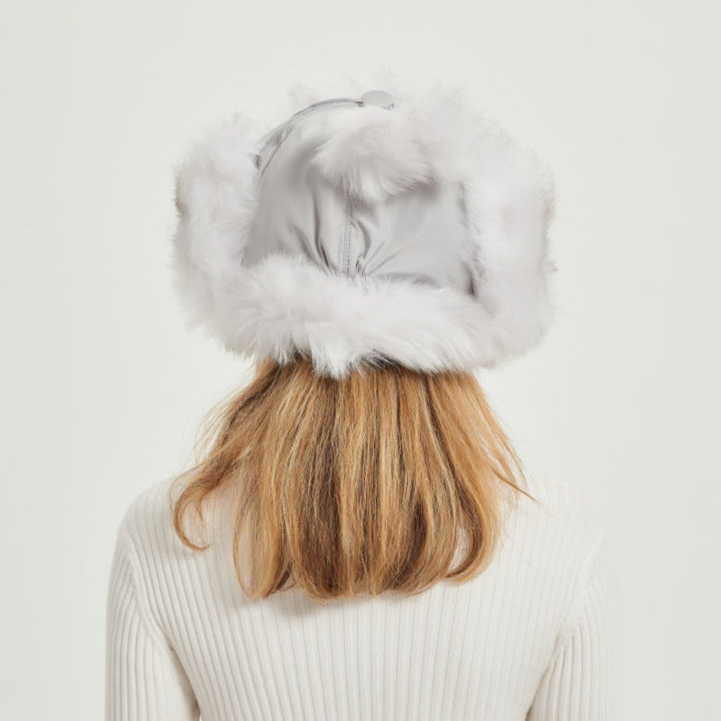 Women's fluffy winter hat with animal ears and voluminous design