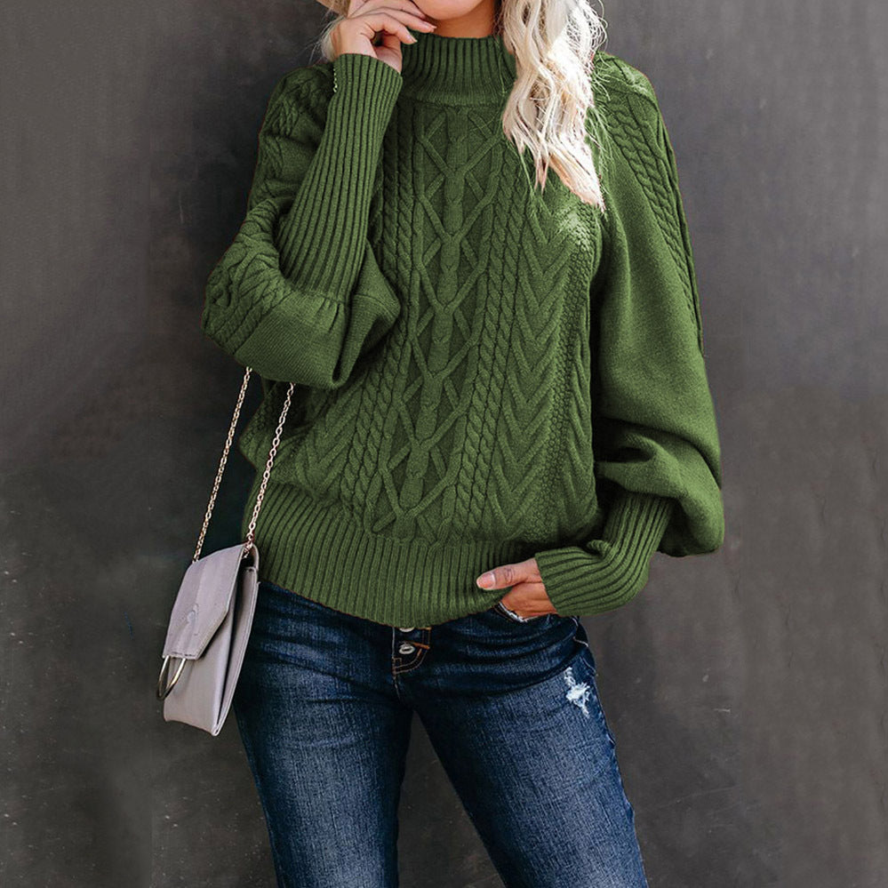 Women's chunky knit sweater with high collar and voluminous sleeves