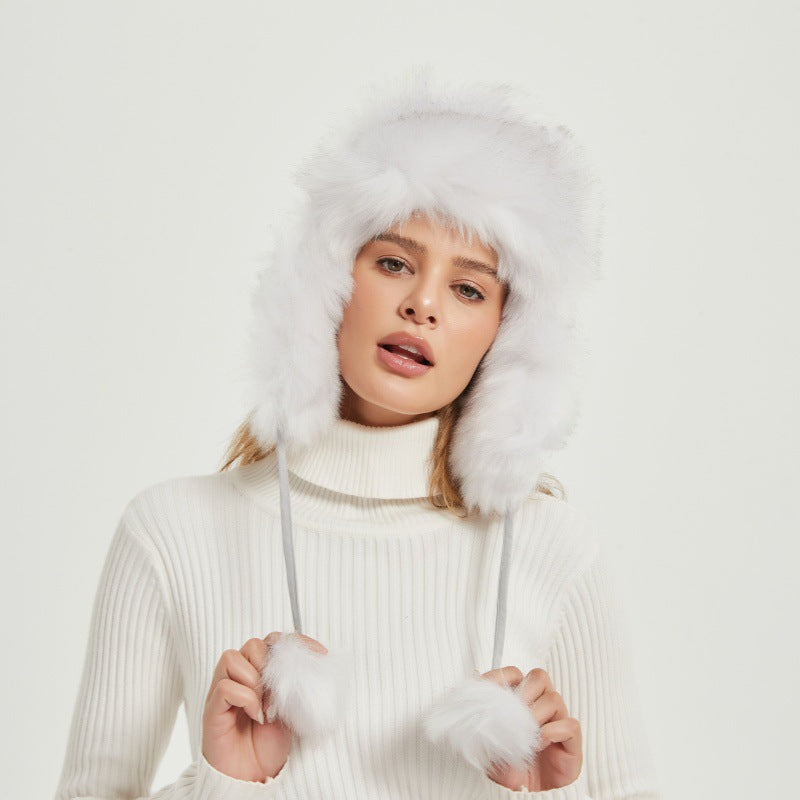 Women's fluffy winter hat with animal ears and voluminous design