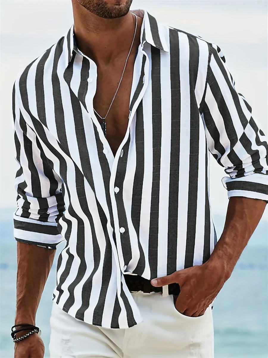 James Summer Men's Shirt - Light Blue Striped Linen/Cotton Blend Shirt with a Casual Cut