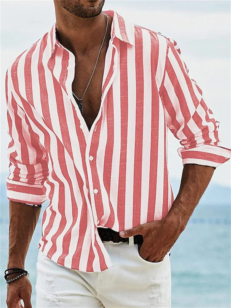 James Summer Men's Shirt - Light Blue Striped Linen/Cotton Blend Shirt with a Casual Cut