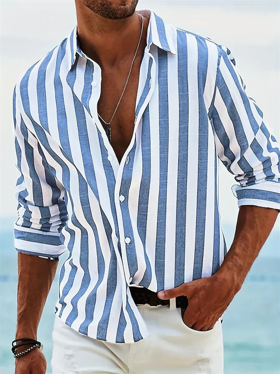 James Summer Men's Shirt - Light Blue Striped Linen/Cotton Blend Shirt with a Casual Cut
