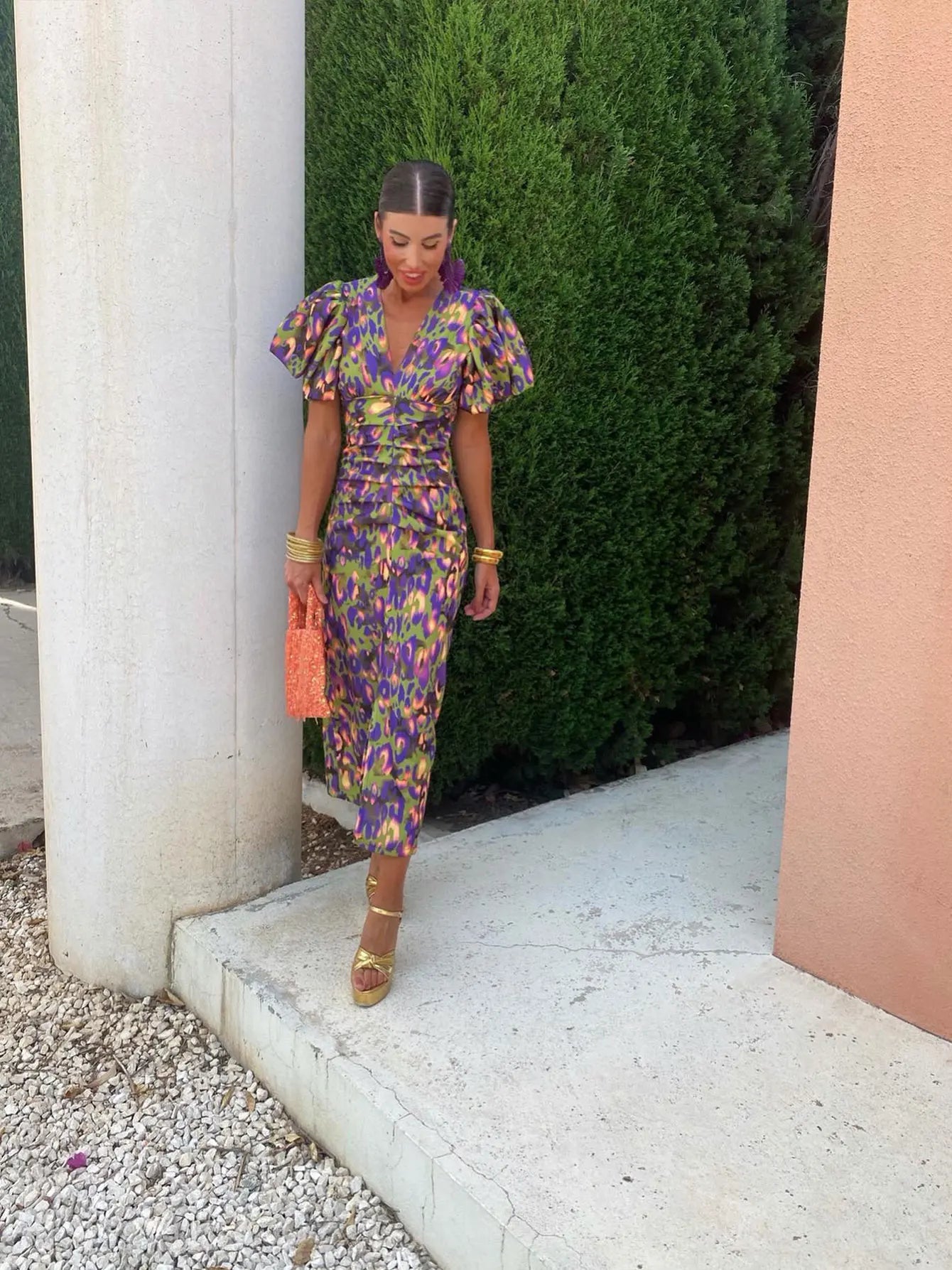 Sophie Patterned Midi Dress - Buffed Sleeves and Elegant Fitted Silhouette