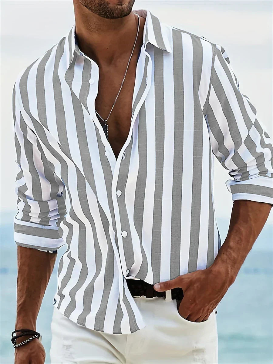 James Summer Men's Shirt - Light Blue Striped Linen/Cotton Blend Shirt with a Casual Cut