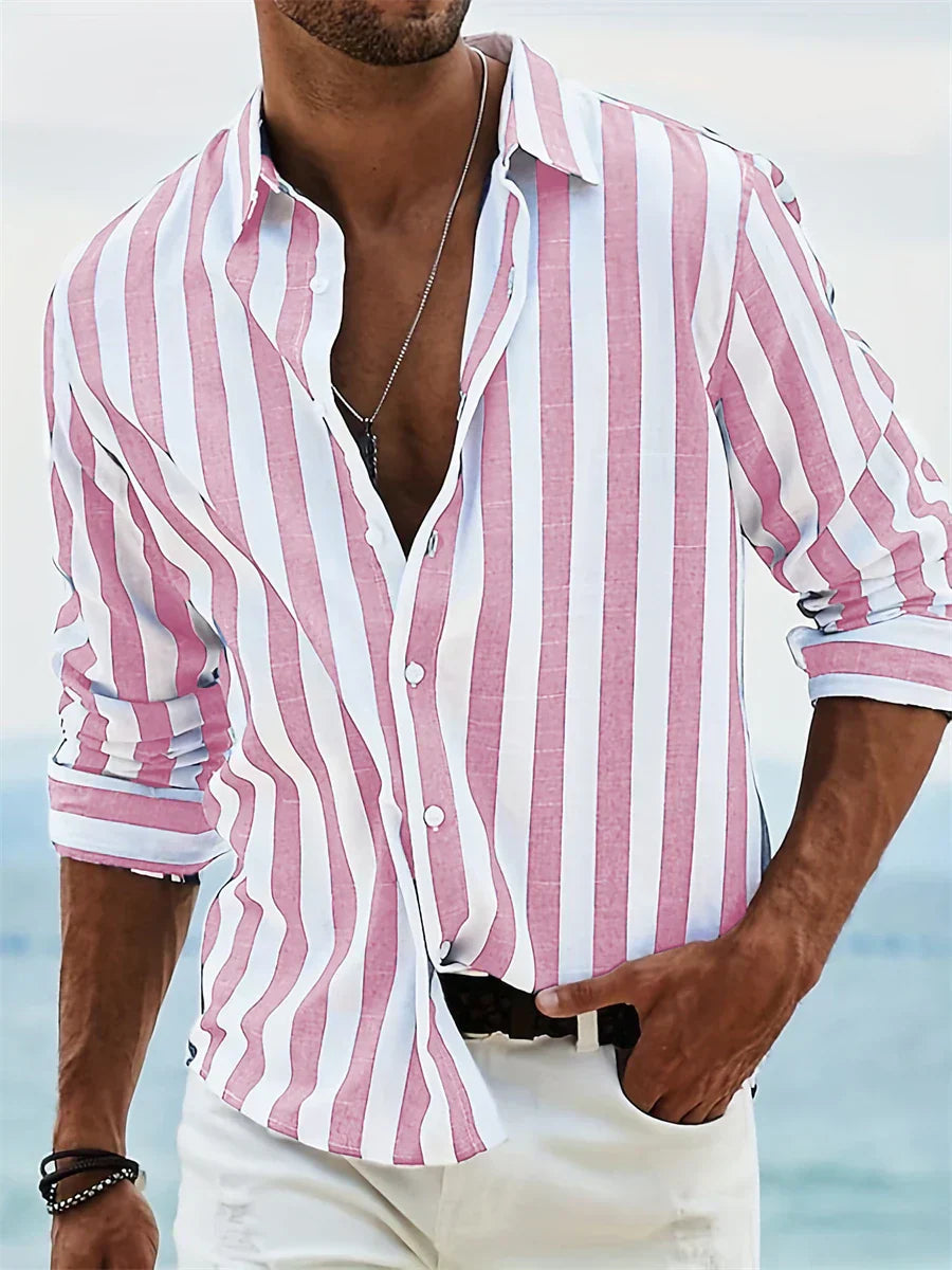 James Summer Men's Shirt - Light Blue Striped Linen/Cotton Blend Shirt with a Casual Cut