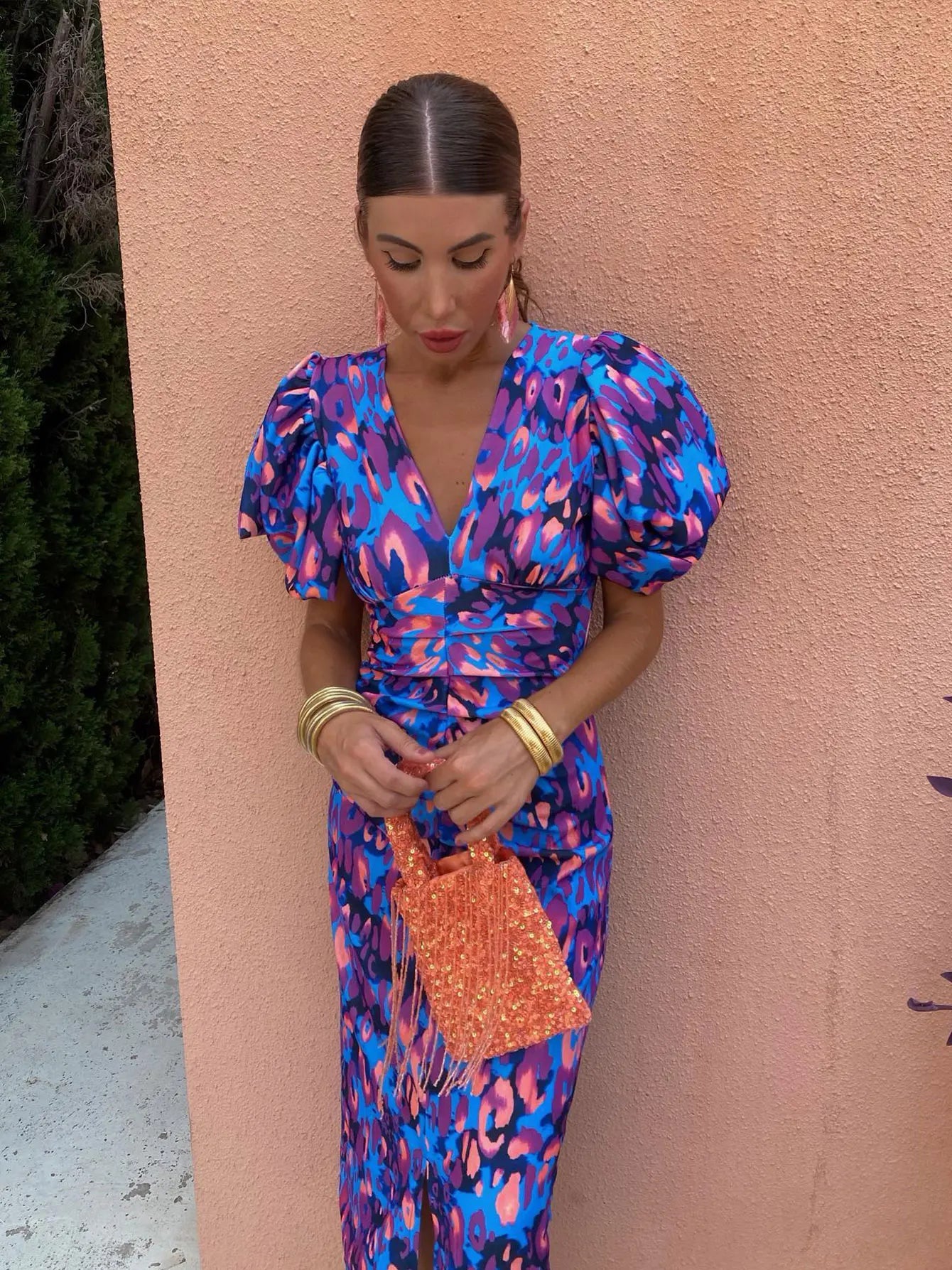 Sophie Patterned Midi Dress - Buffed Sleeves and Elegant Fitted Silhouette