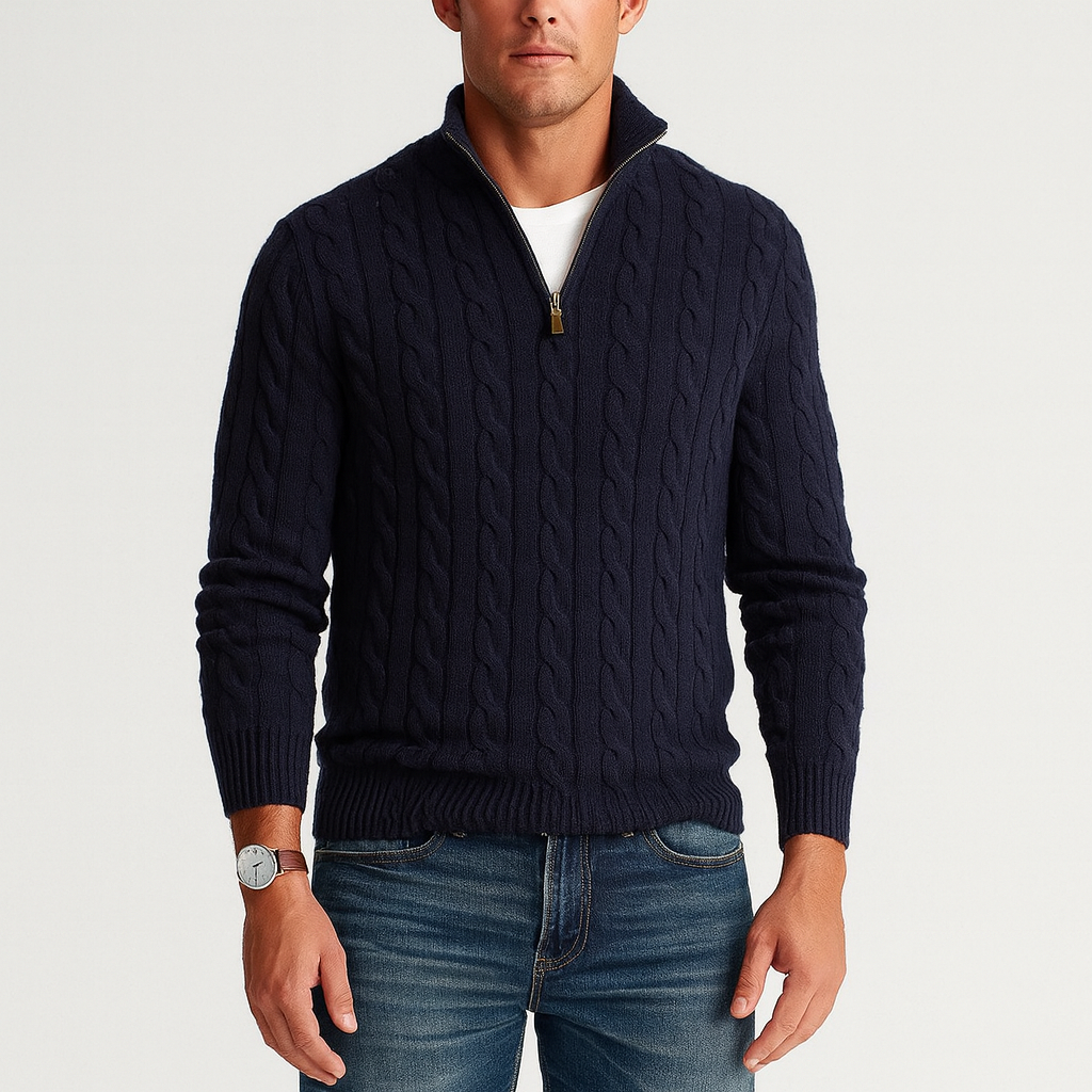 Half Zip Sweater with model navy blue