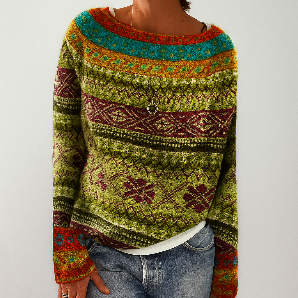 Sweater with retro pattern with model yellow