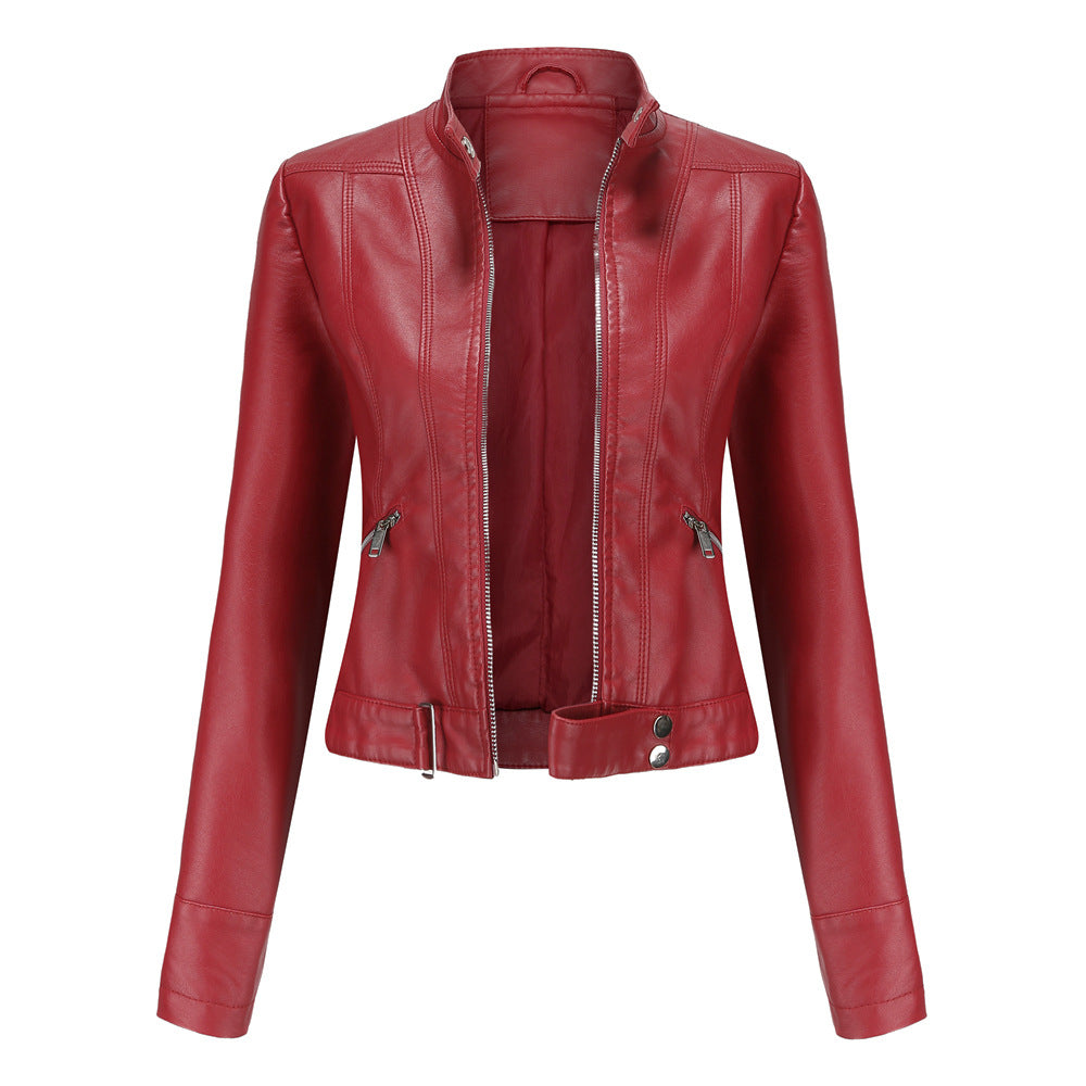 Women's PU leather jacket with zipper, high collar and belt