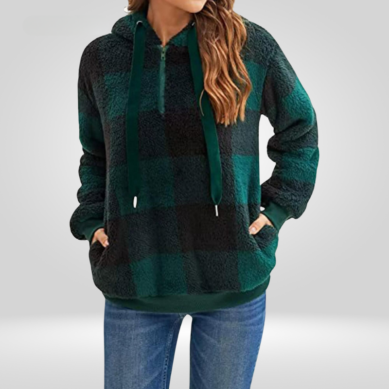 Women's hoodie - Soft knit - Loose fit - Half zipper - Check pattern - With hood