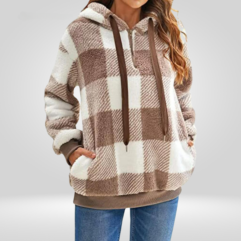 Women's hoodie - Soft knit - Loose fit - Half zipper - Check pattern - With hood