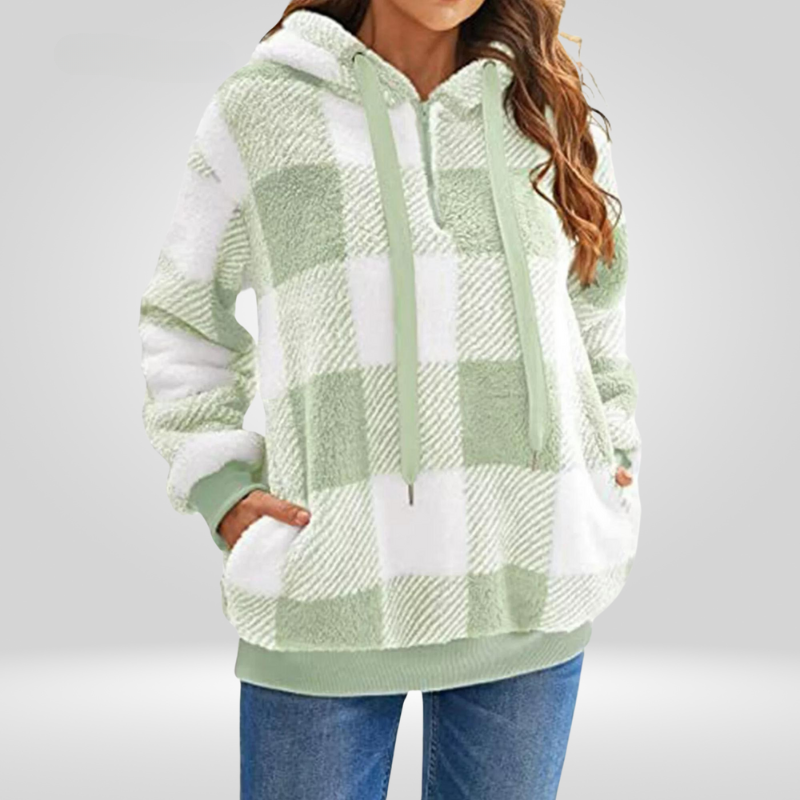 Women's hoodie - Soft knit - Loose fit - Half zipper - Check pattern - With hood