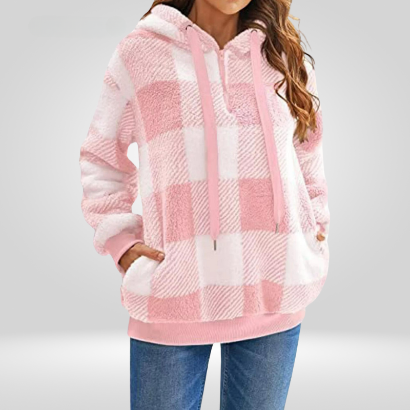 Women's hoodie - Soft knit - Loose fit - Half zipper - Check pattern - With hood
