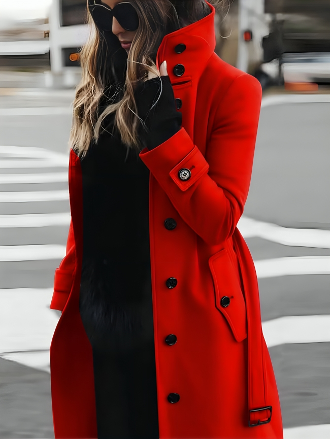 Abrigo largo elegante para mujer con cuello alto y cinturón de lazo elegante
