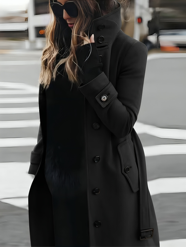 Abrigo largo elegante para mujer con cuello alto y cinturón de lazo elegante