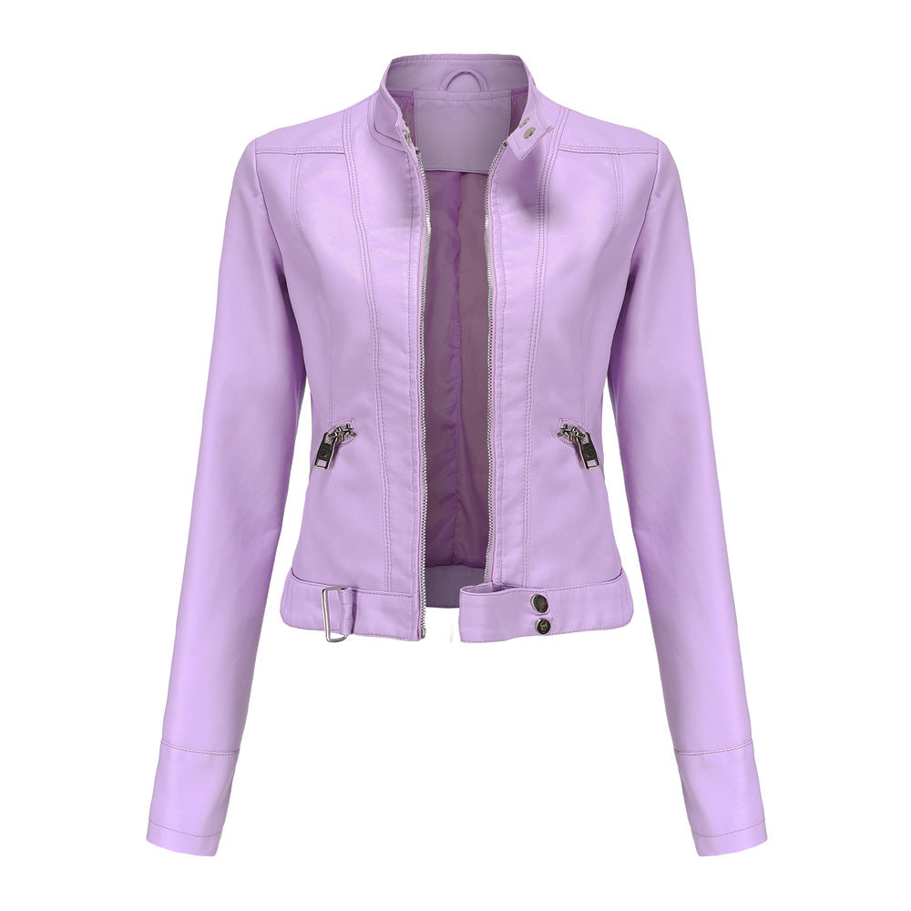 Women's PU leather jacket with zipper, high collar and belt