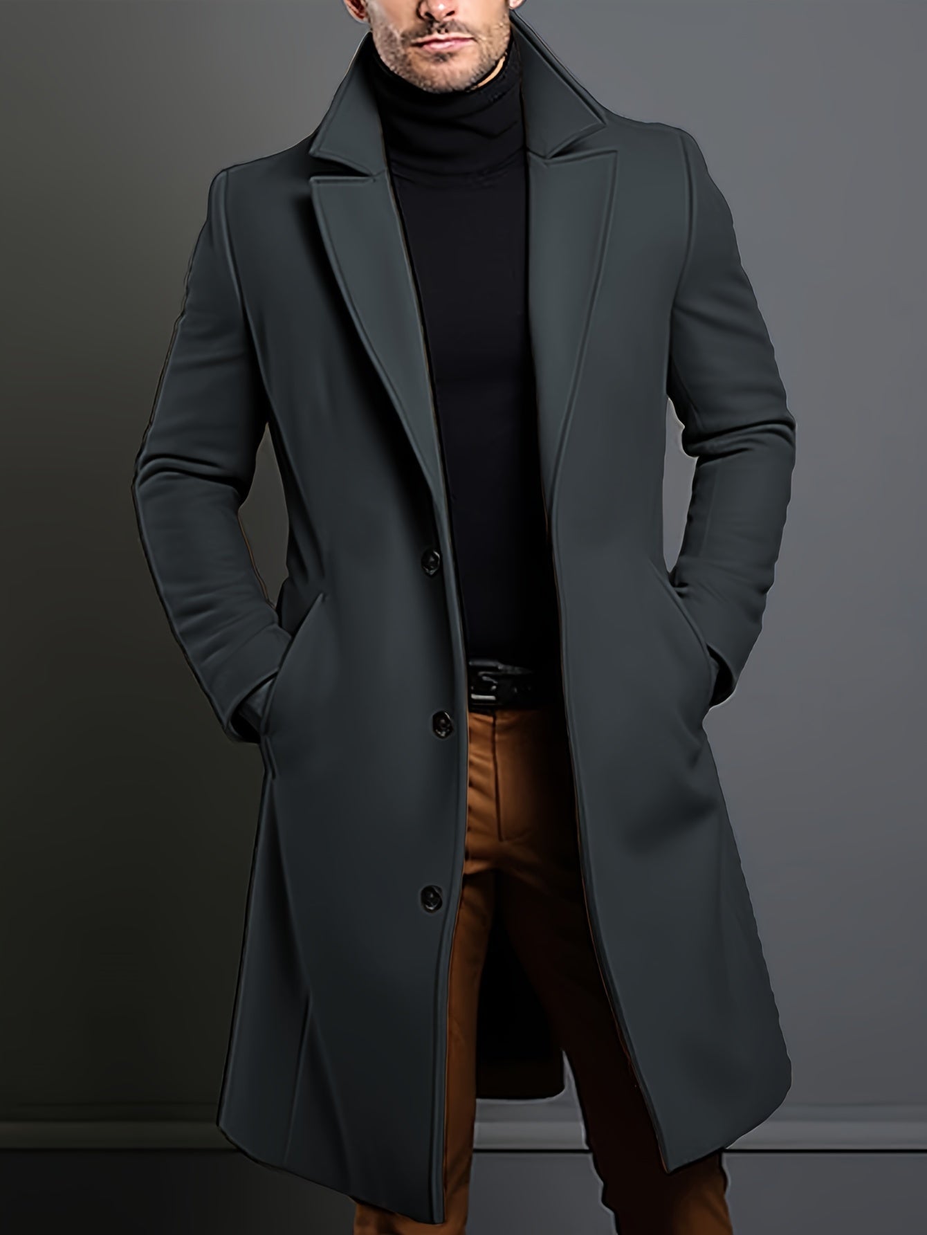 Long Notched Lapel Overcoat for Men - Image 2