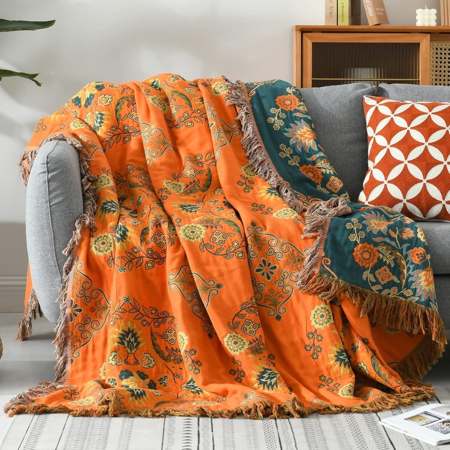 Cotton Floral Reversible Throw Blanket