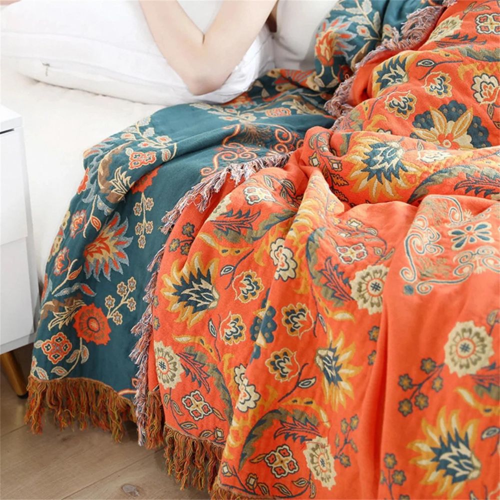 Cotton Floral Reversible Throw Blanket