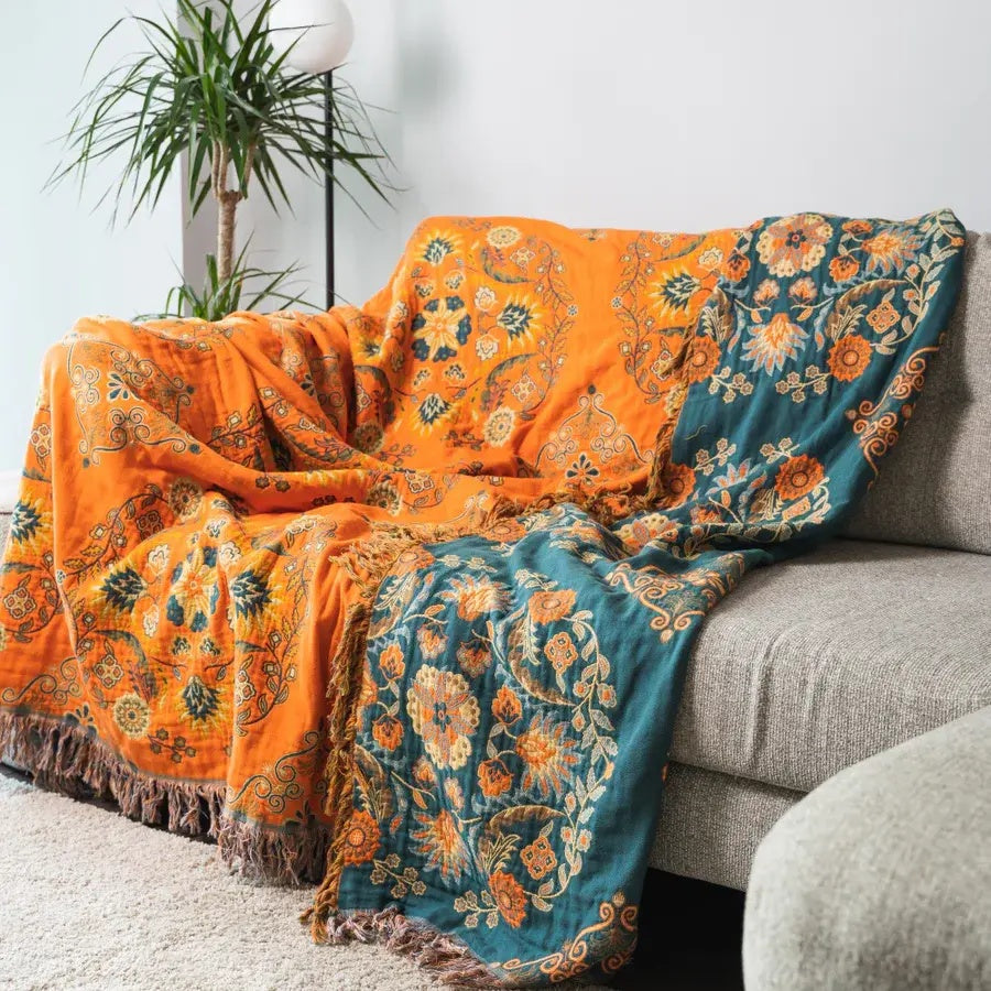 Cotton Floral Reversible Throw Blanket