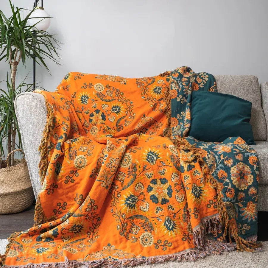 Cotton Floral Reversible Throw Blanket
