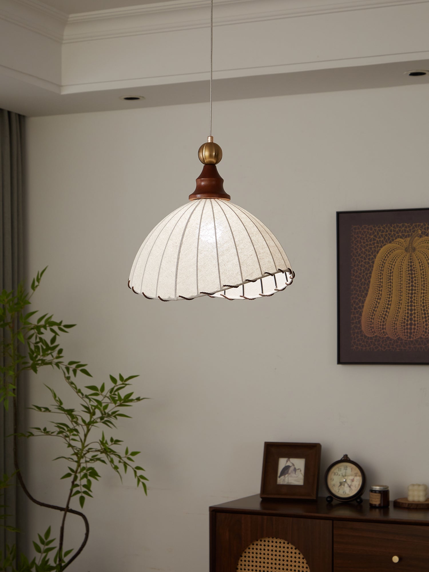 Pendant Light Fabric Shade Wooden Ceiling Lamp