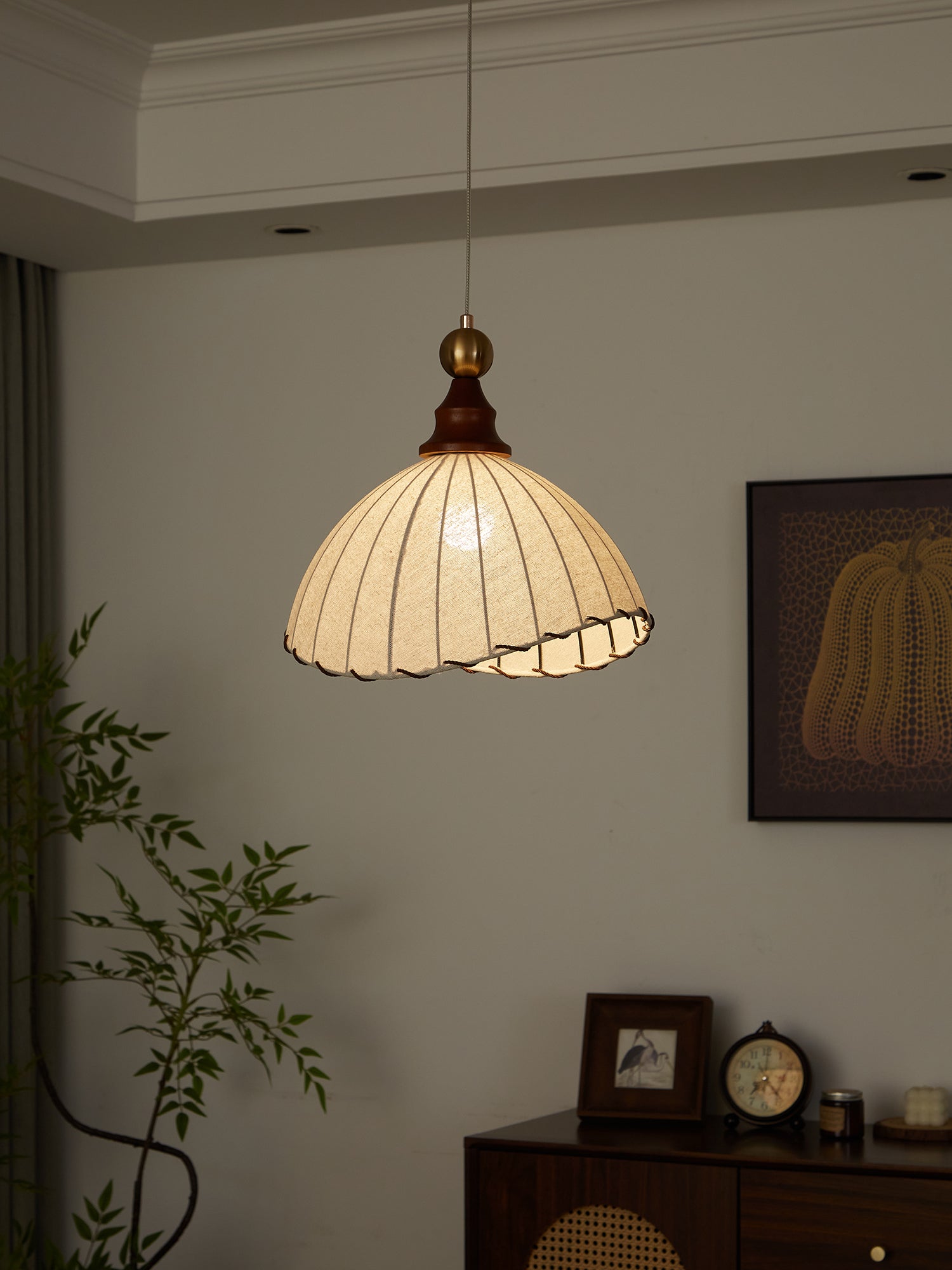 Pendant Light Fabric Shade Wooden Ceiling Lamp