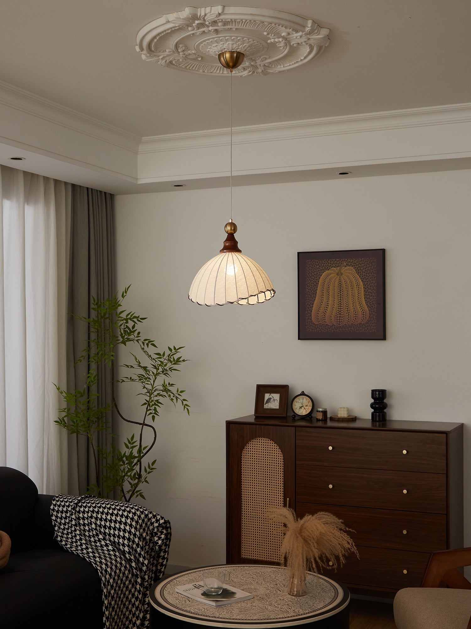 Pendant Light Fabric Shade Wooden Ceiling Lamp