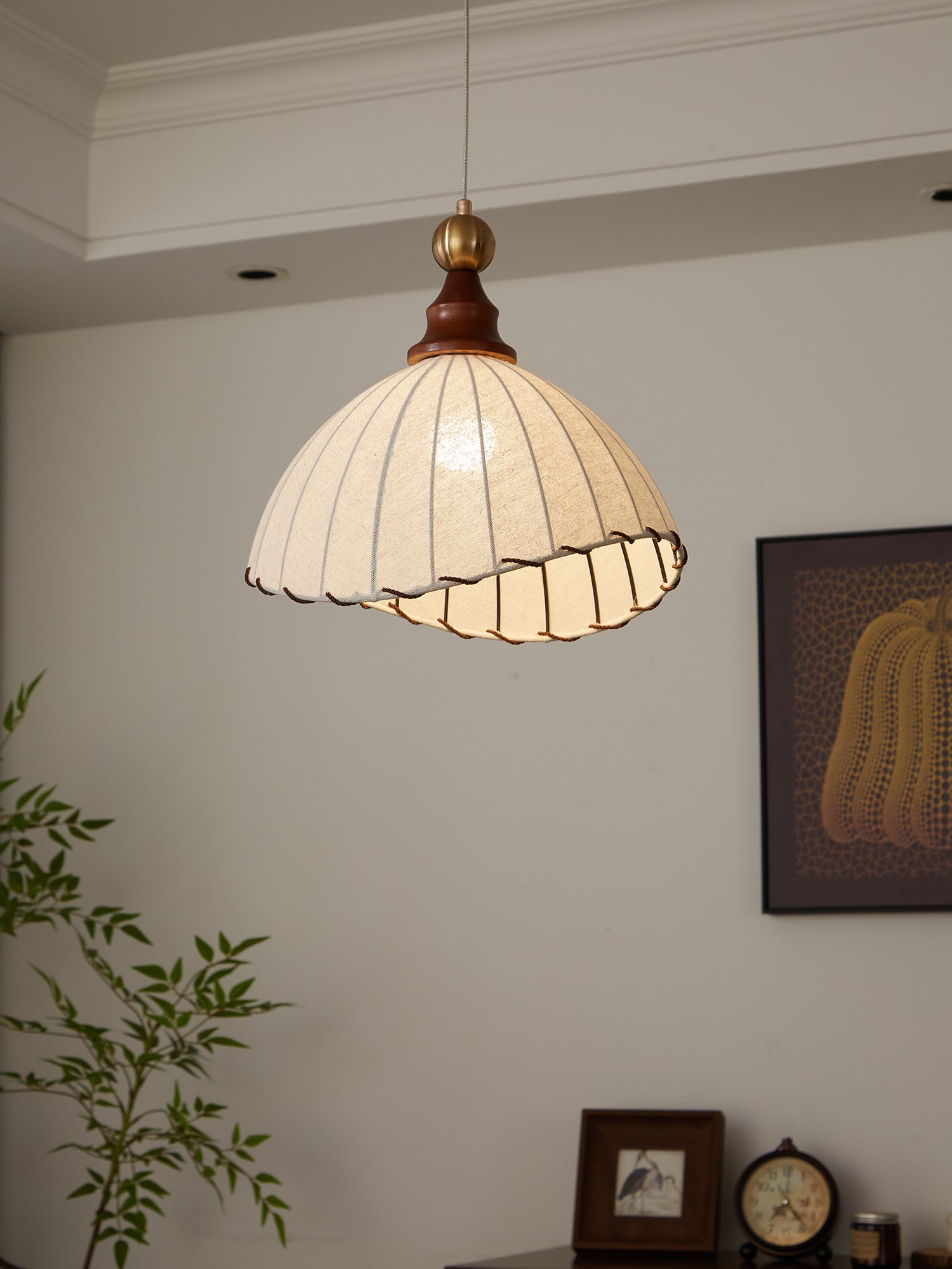 Pendant Light Fabric Shade Wooden Ceiling Lamp
