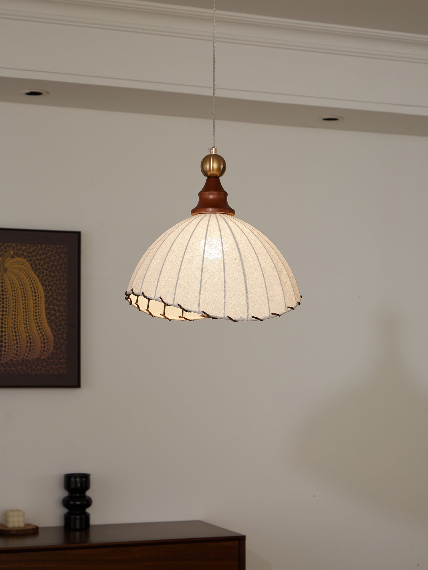Pendant Light Fabric Shade Wooden Ceiling Lamp