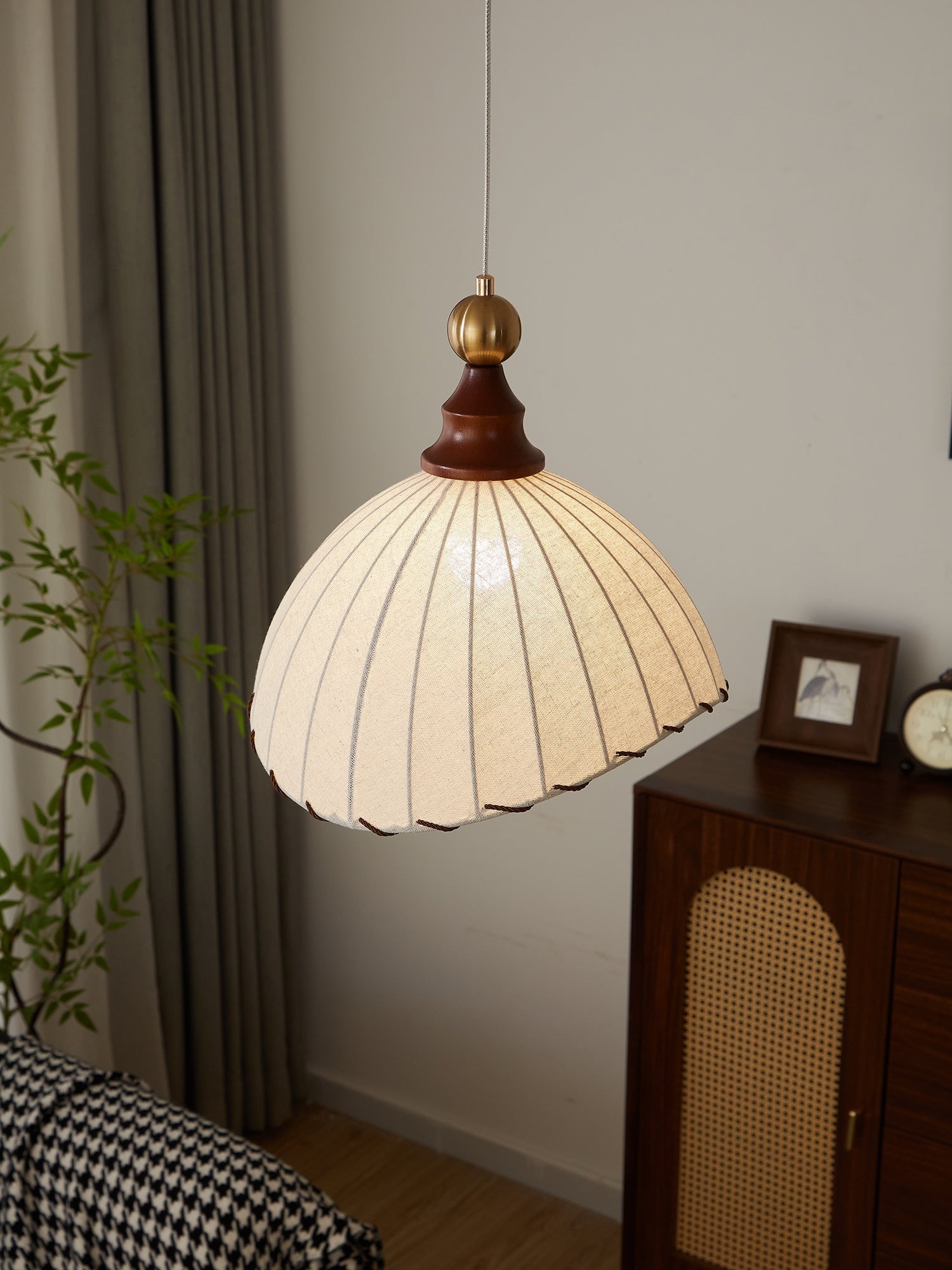 Pendant Light Fabric Shade Wooden Ceiling Lamp