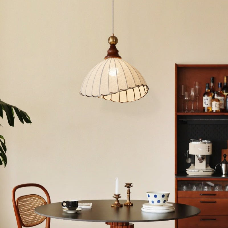 Pendant Light Fabric Shade Wooden Ceiling Lamp
