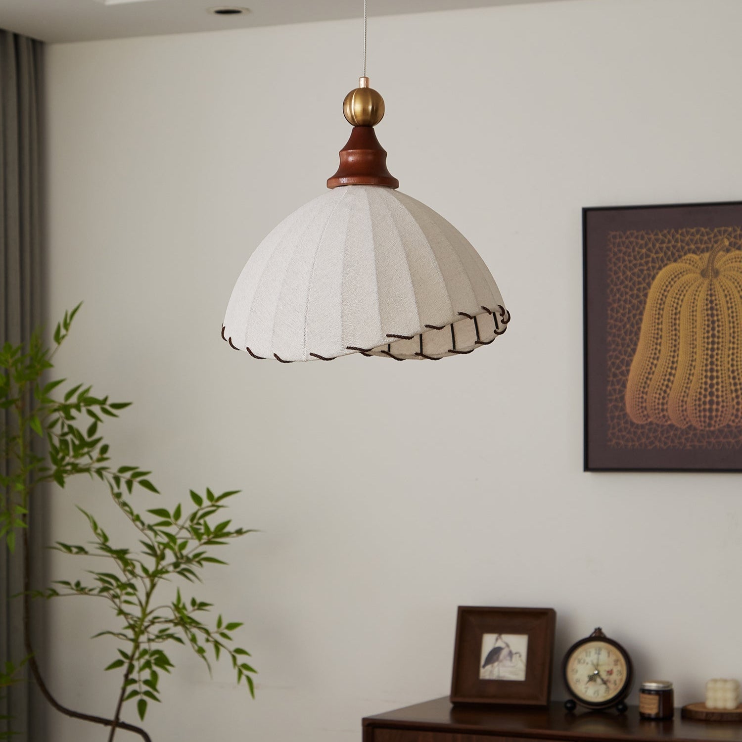 Pendant Light Fabric Shade Wooden Ceiling Lamp