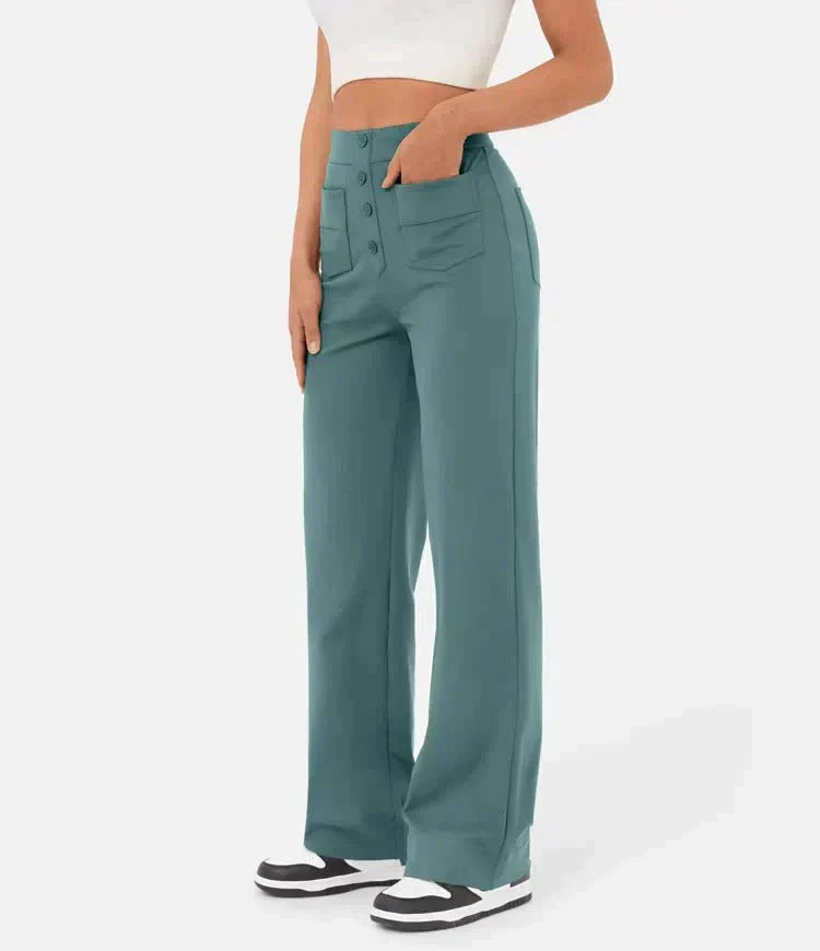 High-waisted women's trousers with button placket and stretch