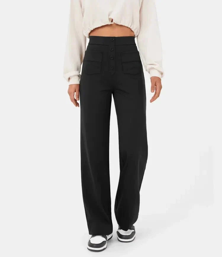 High-waisted women's trousers with button placket and stretch