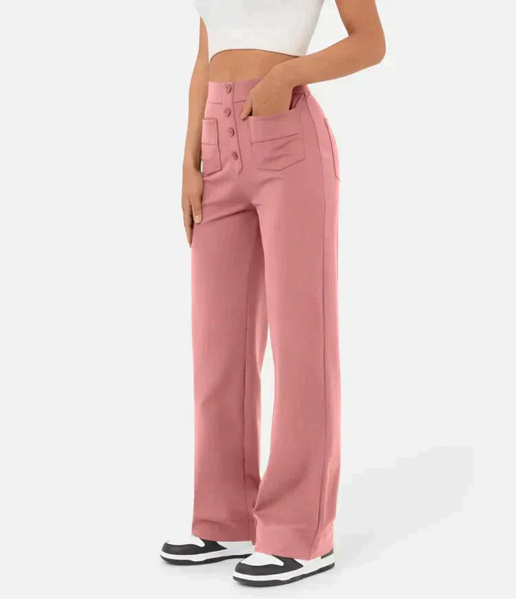 High-waisted women's trousers with button placket and stretch