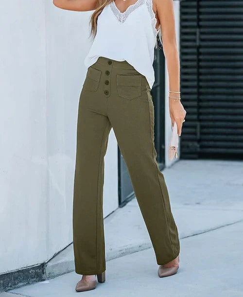 High-waisted women's trousers with button placket and stretch