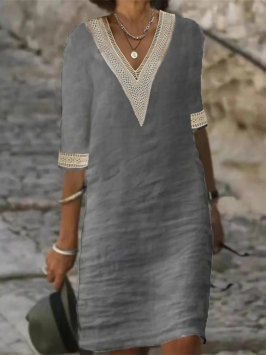 Chic linen-blend dress with V-neck and lace trim