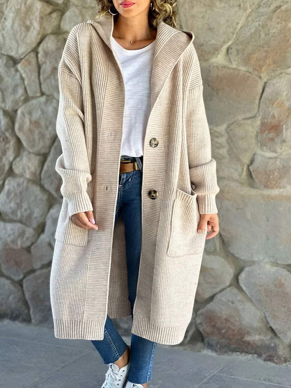 Beige knitted hooded jacket for women