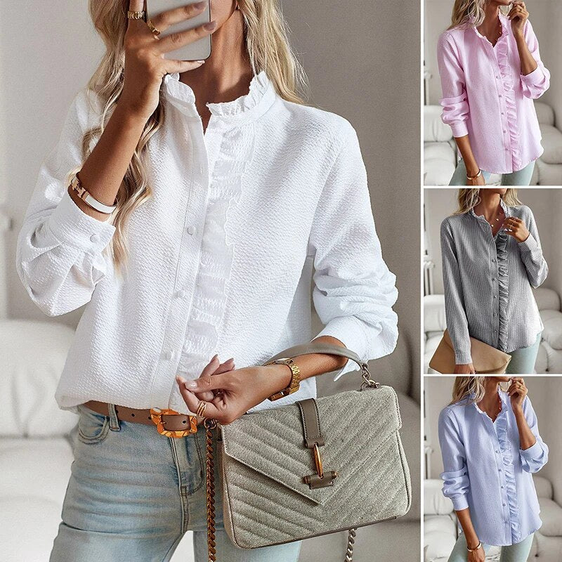 Elegant long-sleeved women's blouse with stand-up collar
