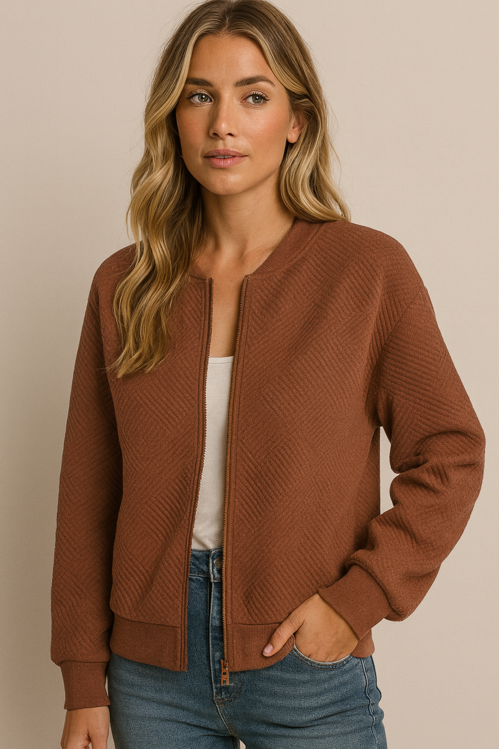 Image of Women's Quilted Zip Up Bomber Jacket