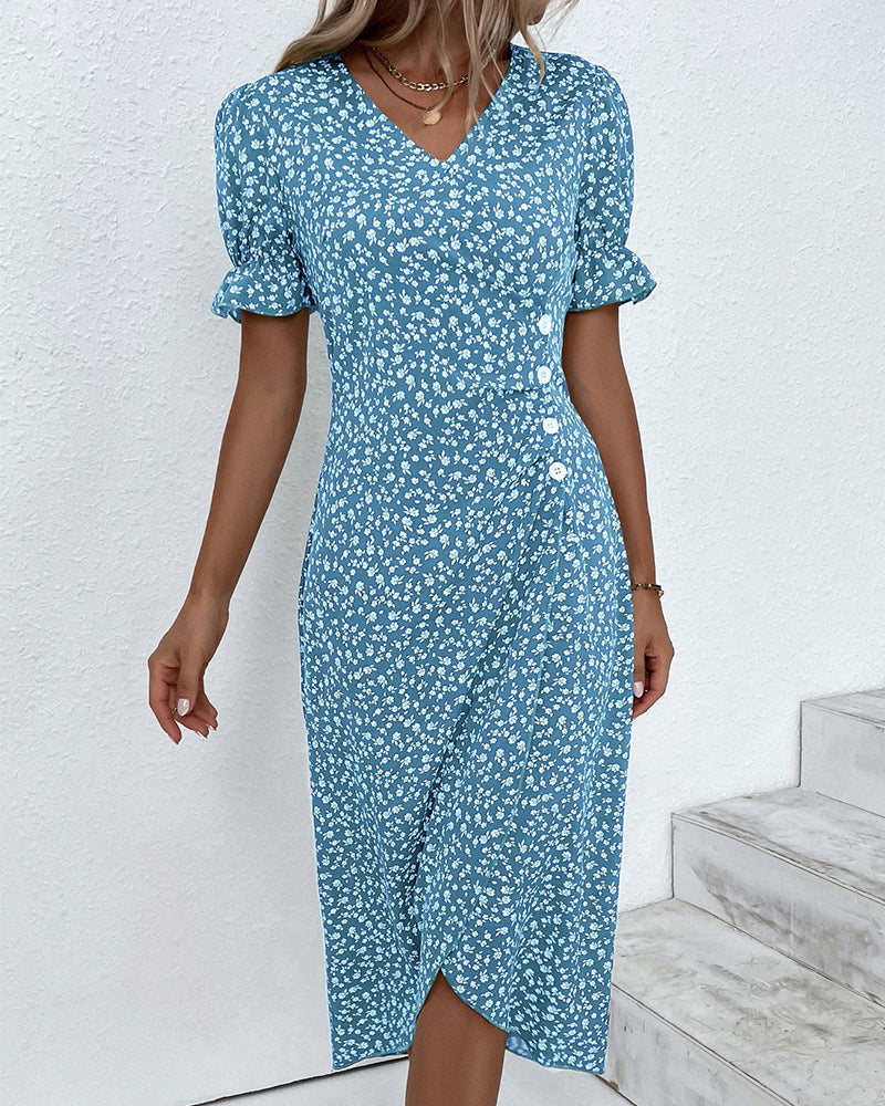 Quincy Women's Summer Dress - Floral Dress with Short Sleeves and Stylish Button Fastening