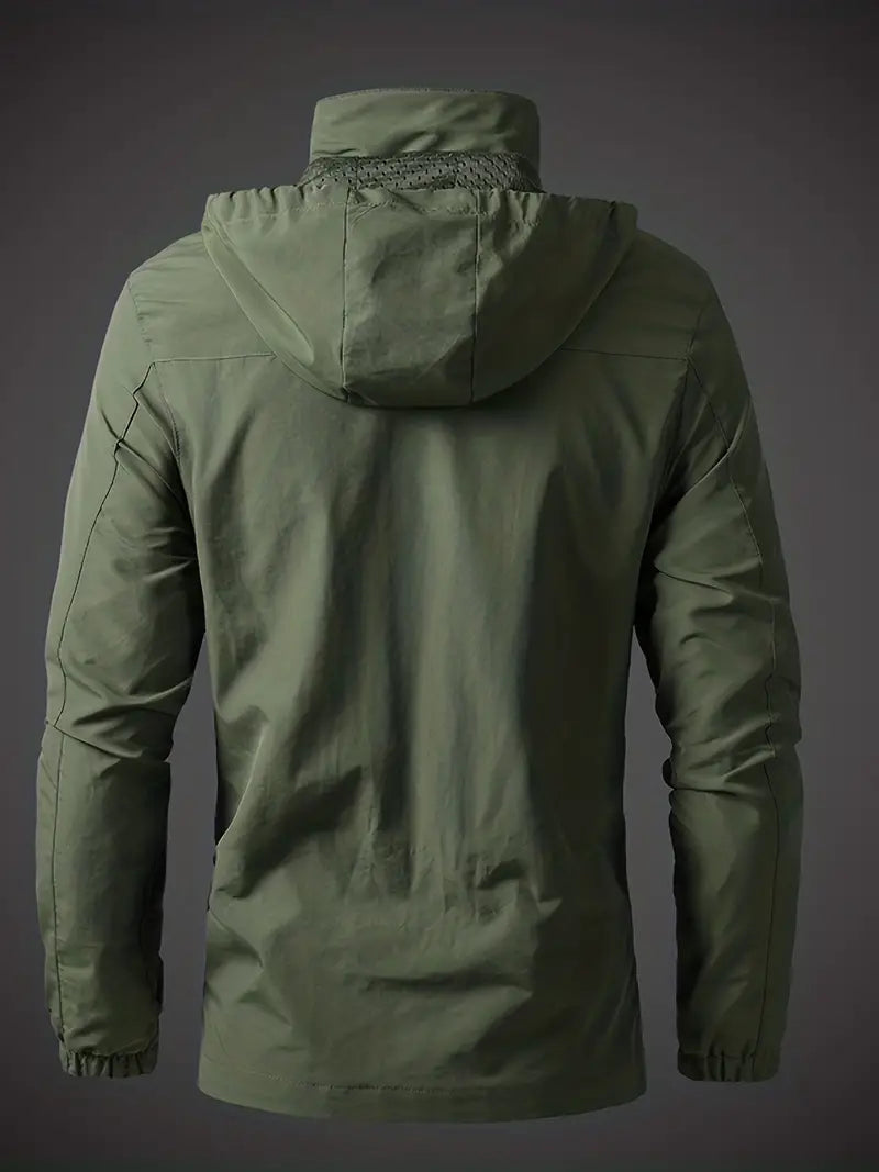 Waterproof men's rain jacket with hood and zipped pockets for outdoor use