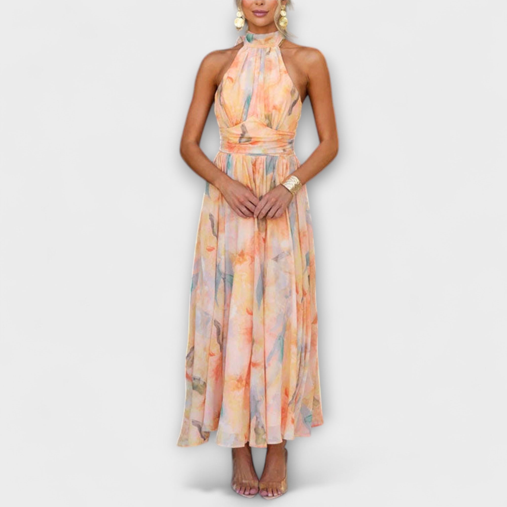 Iris - Halter Neck Watercolour Print Maxi Dress