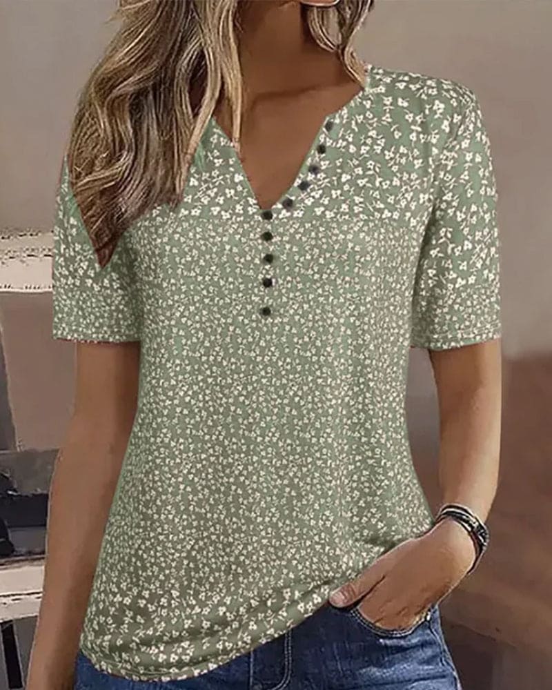 Naomi Women's Summer Top - T-shirt with Floral Print, Short Sleeve and Elastic, Comfortable Fit